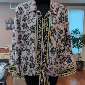 LOFT Floral Tie-Front Blouse in Green and Black